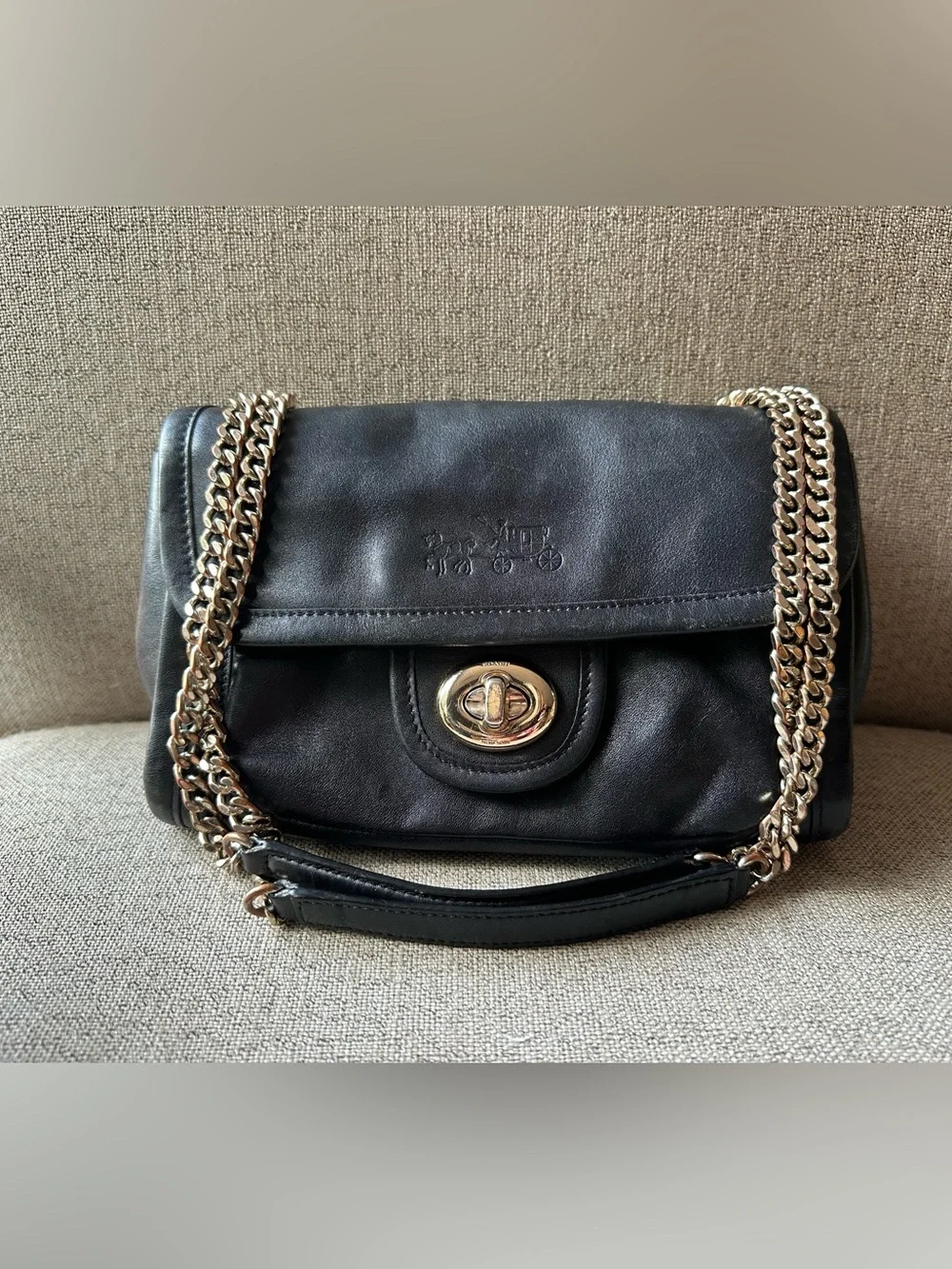 Coach Ranger Flap Black Leather  Shoulder or Crossbody Bag with Chain Strap